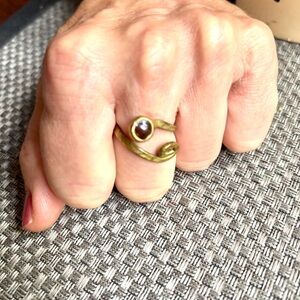 Elegant unisex Adjustable Brass Swirl Ring with Amber Accent